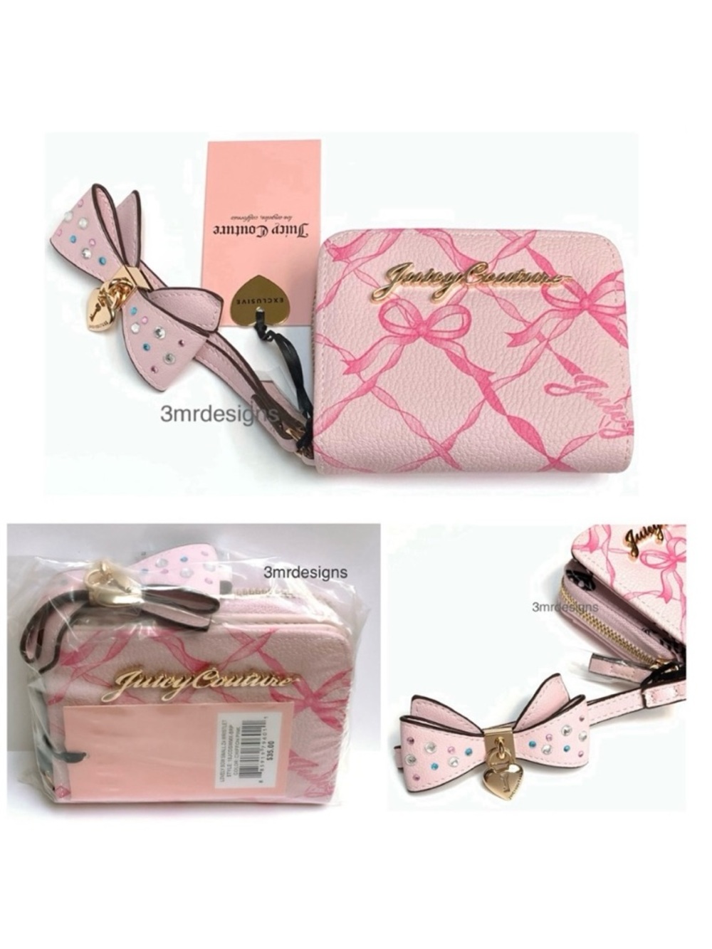 NWT Juicy Couture LOVELY BOW Pink Faux Leather Small Zip-around Wristlet/Wallet